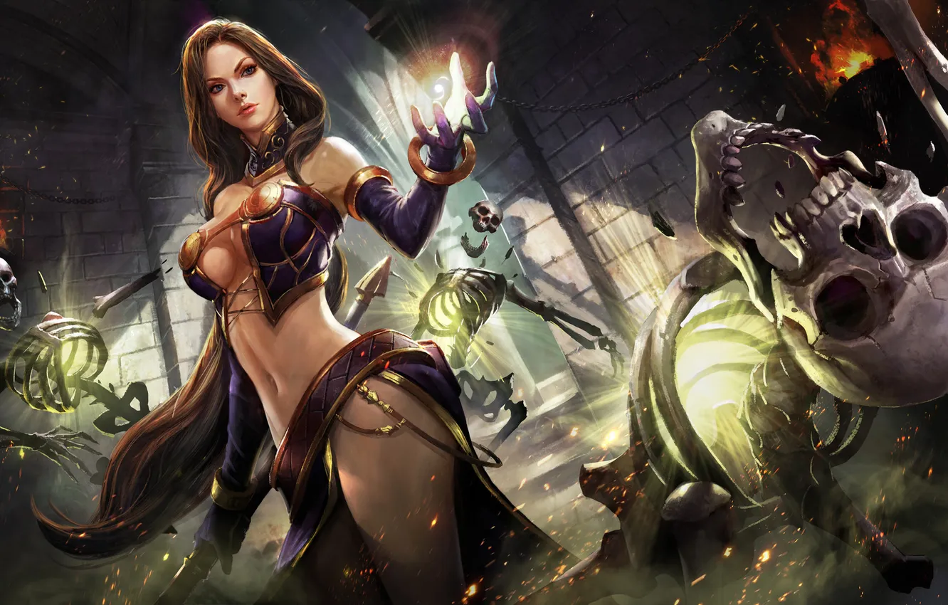 Photo wallpaper armor, long hair, women, brunette, drawing, magician, Big boobs, fantasy girl