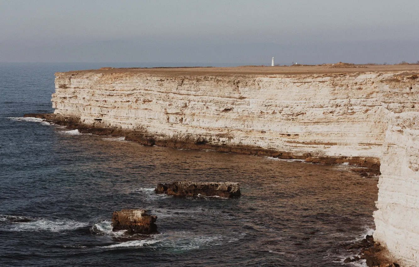 Photo wallpaper sea, open, rocks, shore, lighthouse, edge