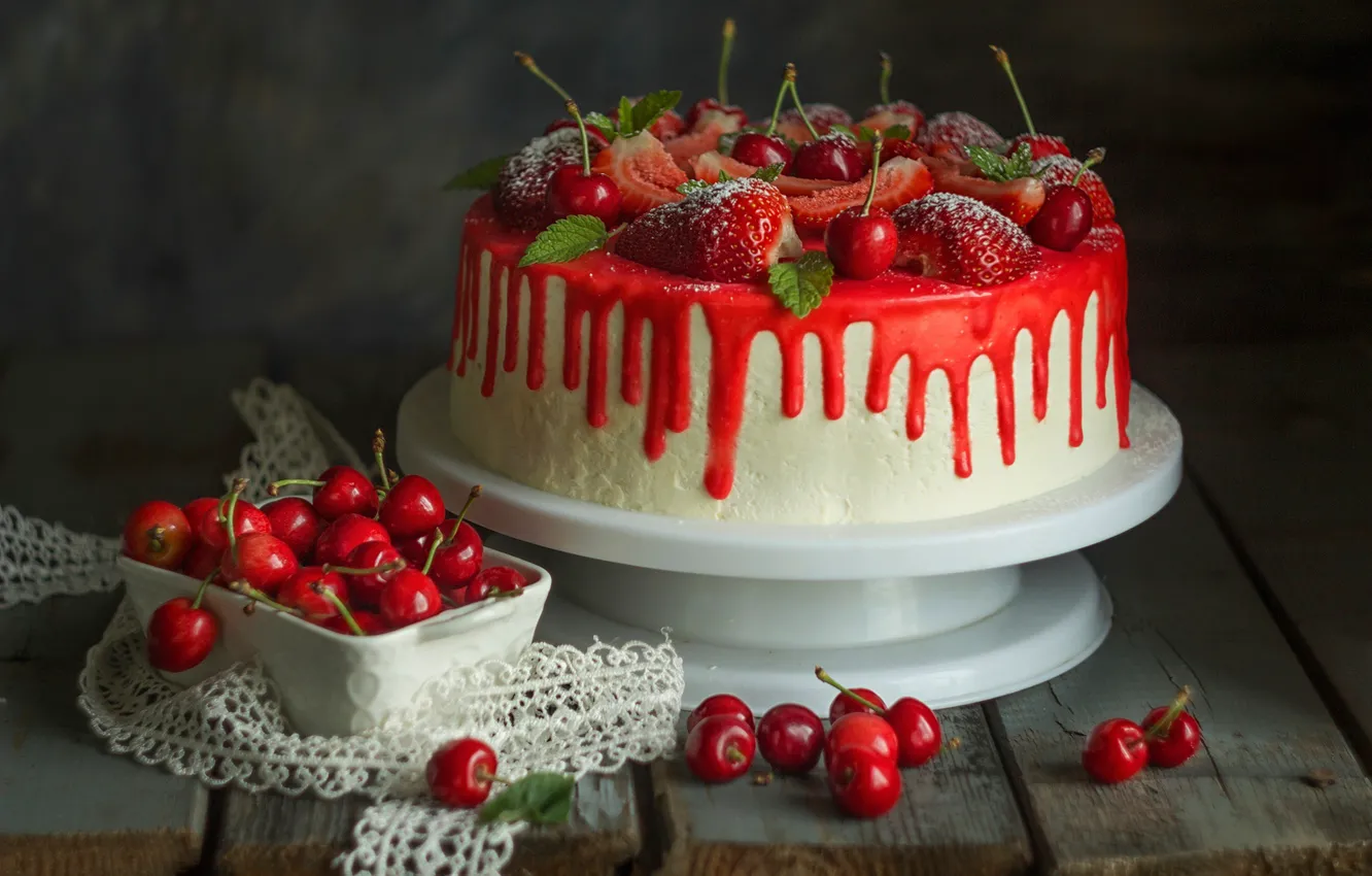 Photo wallpaper berries, strawberry, cake, cherry, Lionella Zimina