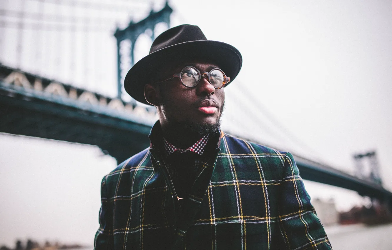 Photo wallpaper eyes, bridge, hat, glasses, lips, male, beard, coat