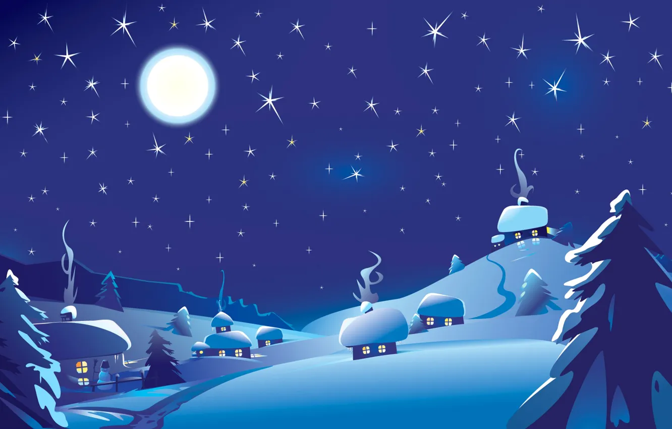 Photo wallpaper winter, the sky, stars, landscape, night, the moon, snowman, hut