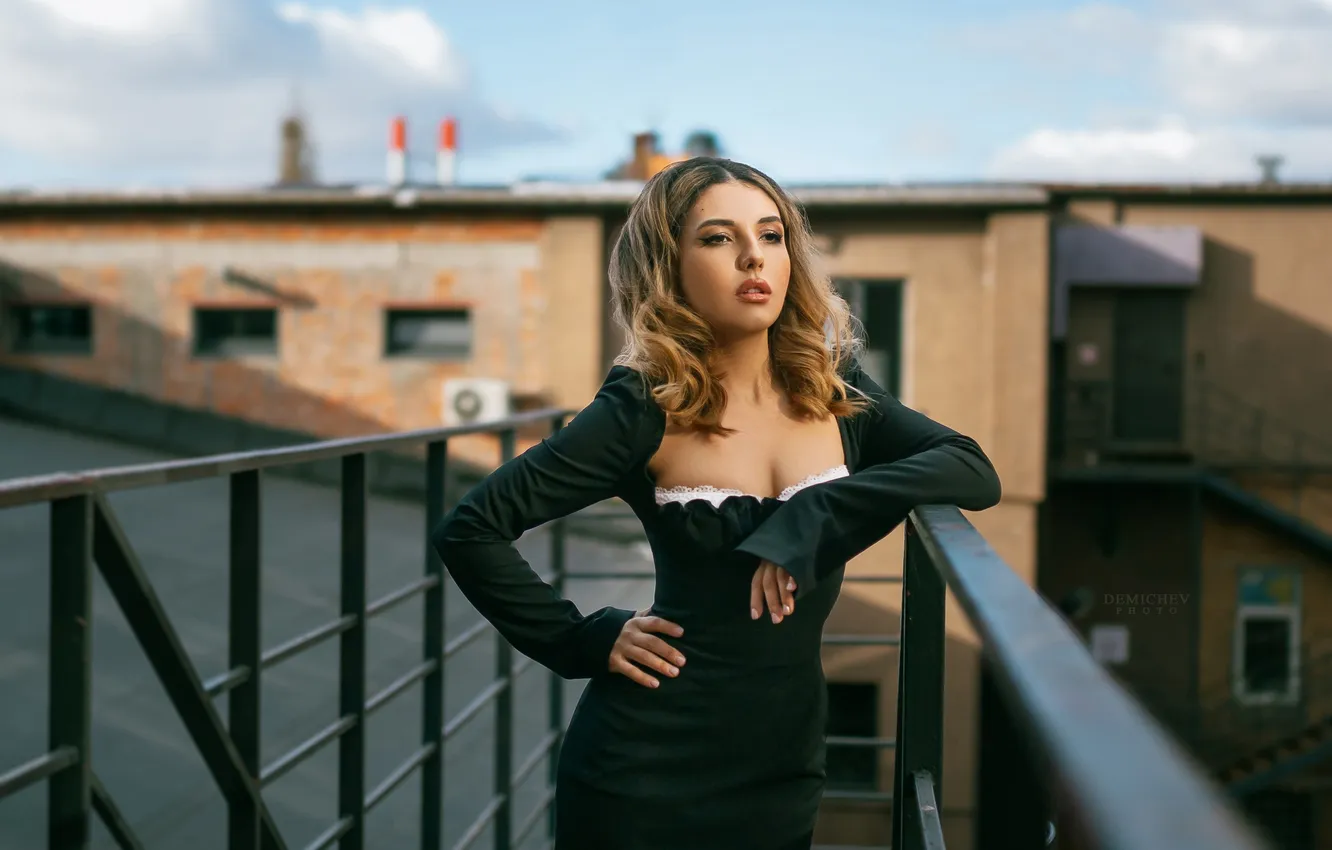 Photo wallpaper girl, pose, hands, dress, blonde, neckline, on the roof, Pyotr Demichev