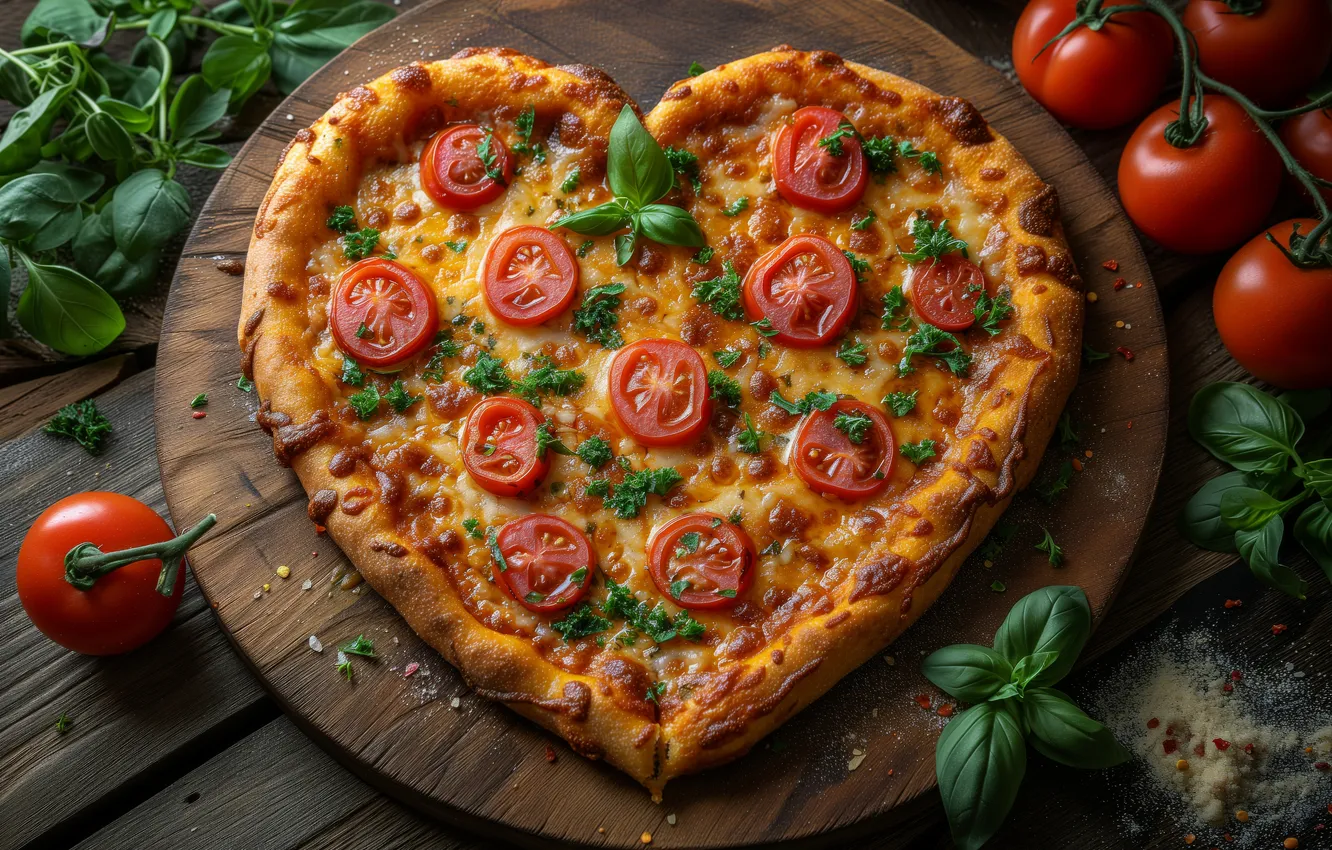Photo wallpaper hearts, pizza, tomatoes, AI ART