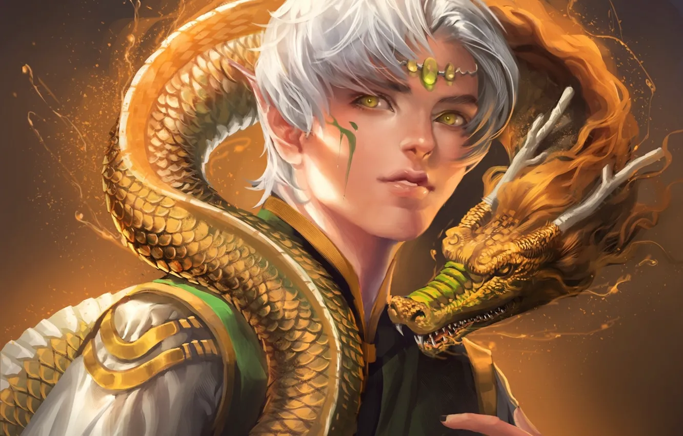 Photo wallpaper eyes, dragon, elf, scales, yellow, horns, guy, sakimichan
