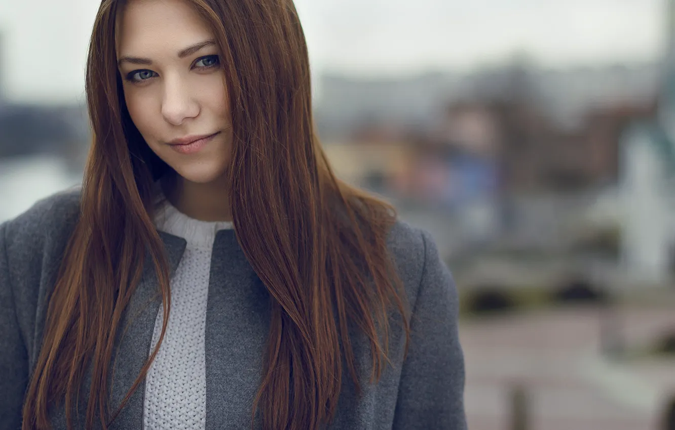 Photo wallpaper look, model, portrait, makeup, hairstyle, brown hair, coat, bokeh