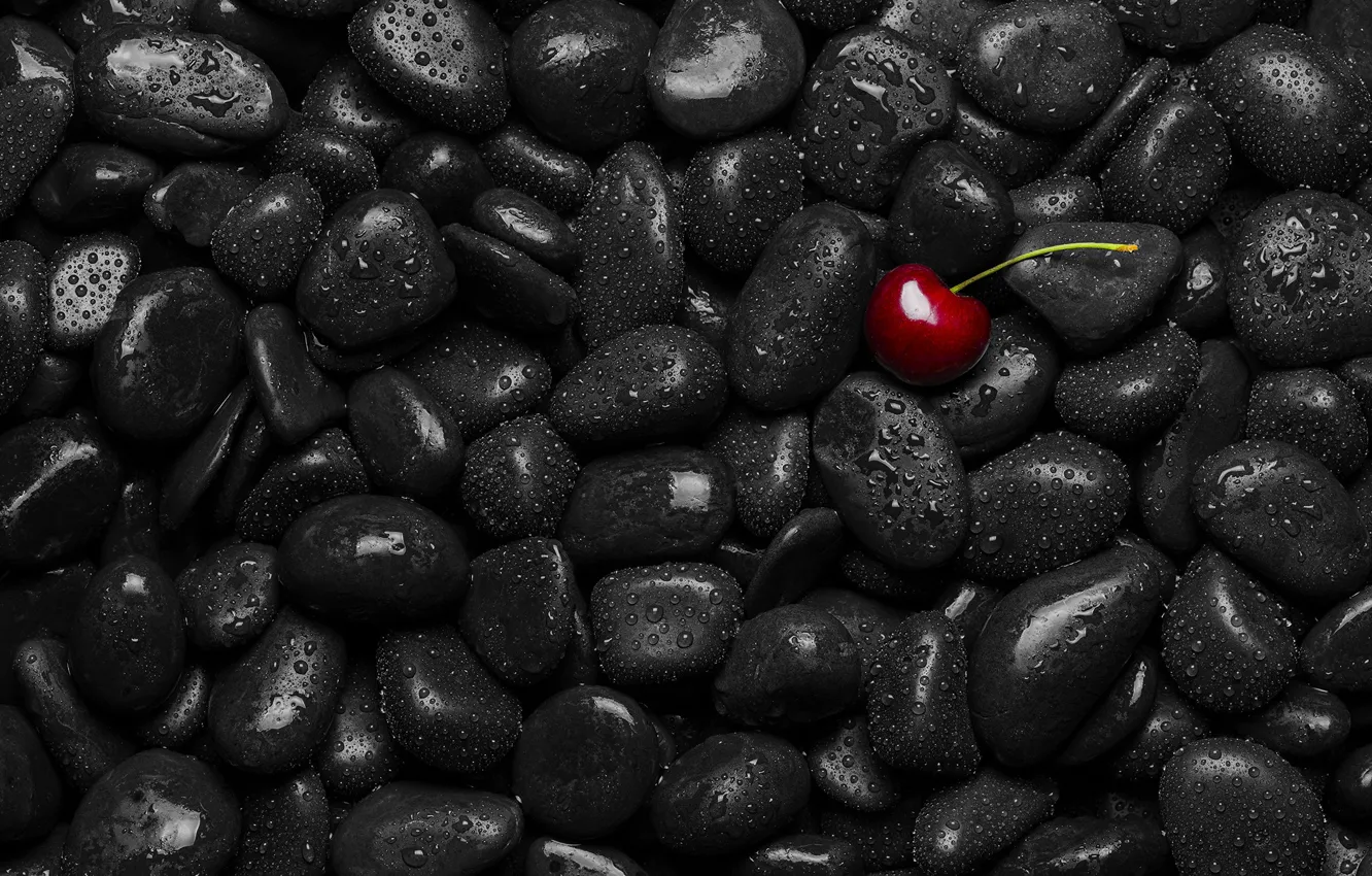 Photo wallpaper drops, cherry, stones