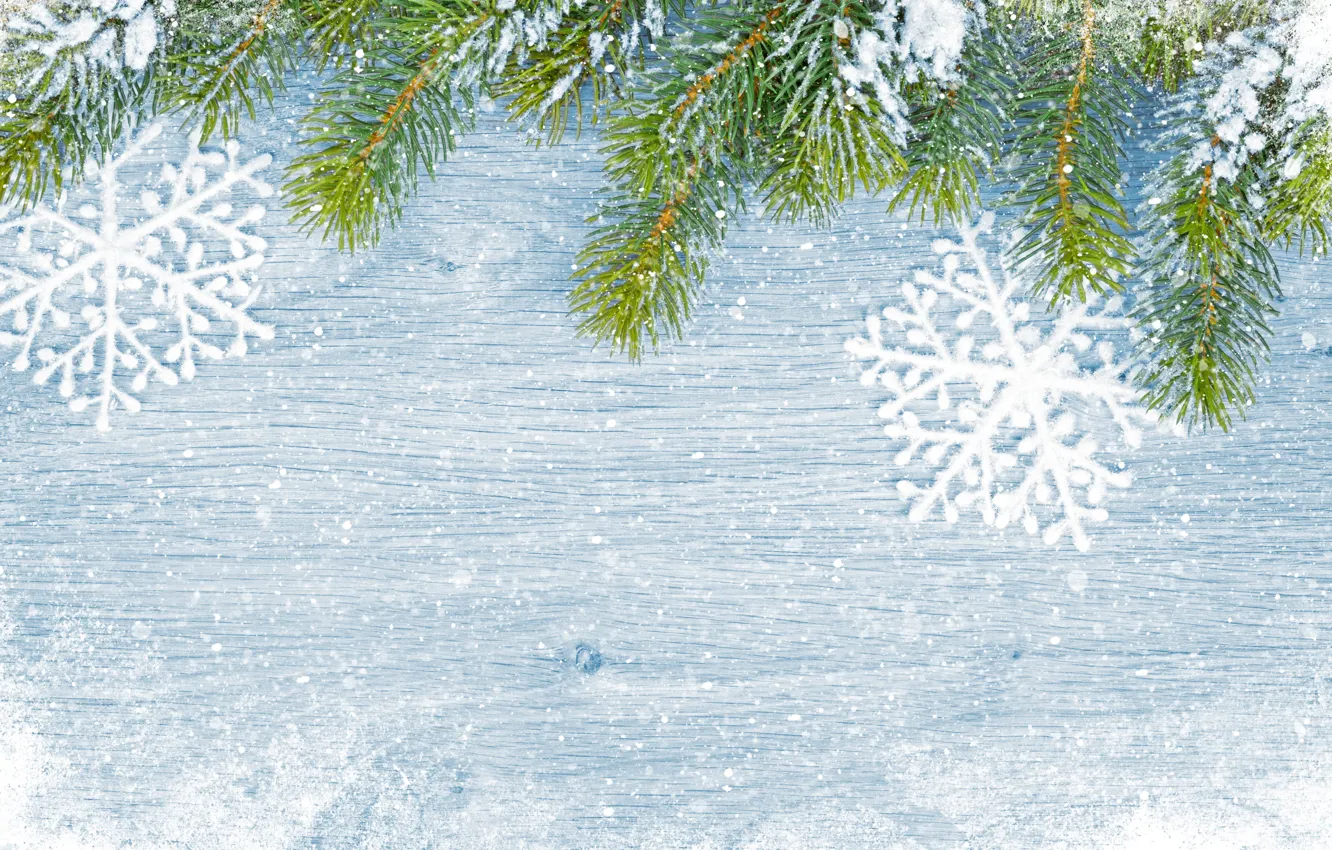 Photo wallpaper winter, snow, snowflakes, tree, new year, Christmas, Christmas, wood