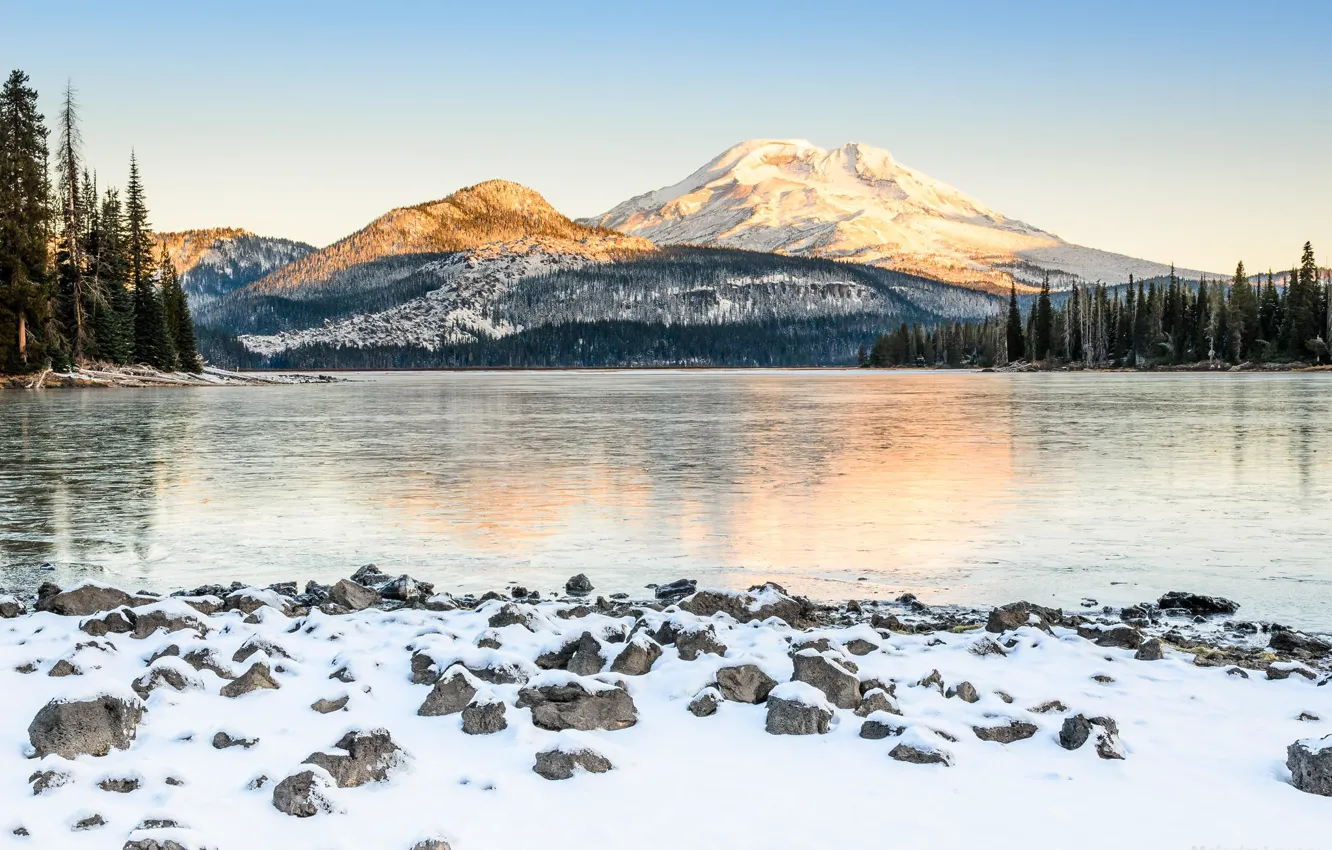 Photo wallpaper winter, snow, trees, mountains, nature, river, USA