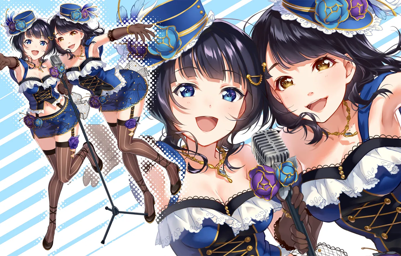 Photo wallpaper sexy, cleavage, blouse, thighhighs, girls, boobs, anime, blue eyes