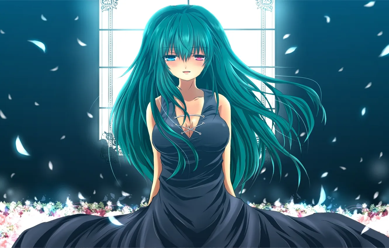 Photo wallpaper girl, petals, window, art, touhou, heterochromia, tatara kogas the, nekominase