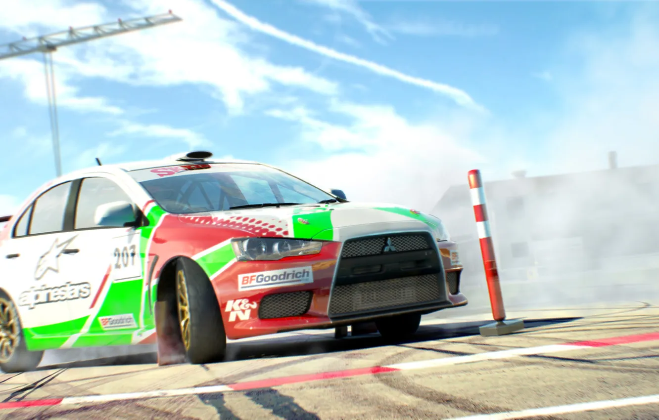 Photo wallpaper the game, track, turn, Skid, Mitsubishi, game, dirt 3, Gymkhana