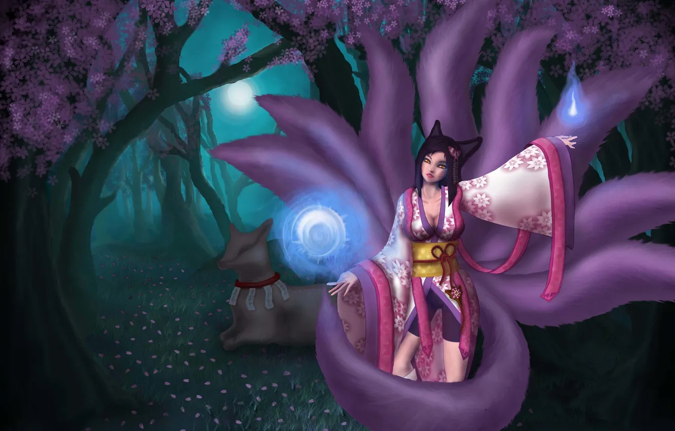 Photo wallpaper girl, trees, magic, Fox, kimono, league of legends, ahri, AHRI