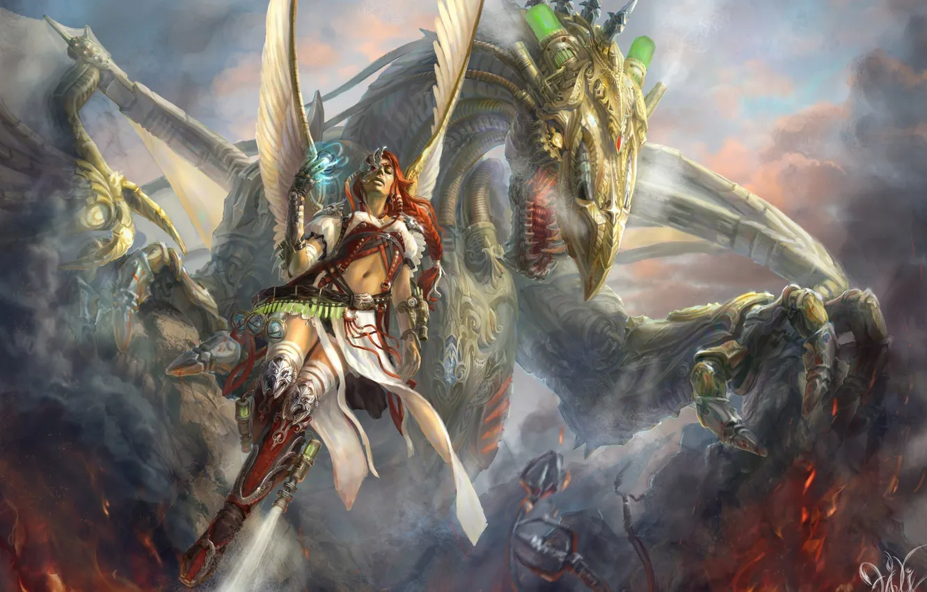 Photo wallpaper girl, clouds, flight, lights, magic, dragon, wings, fantasy