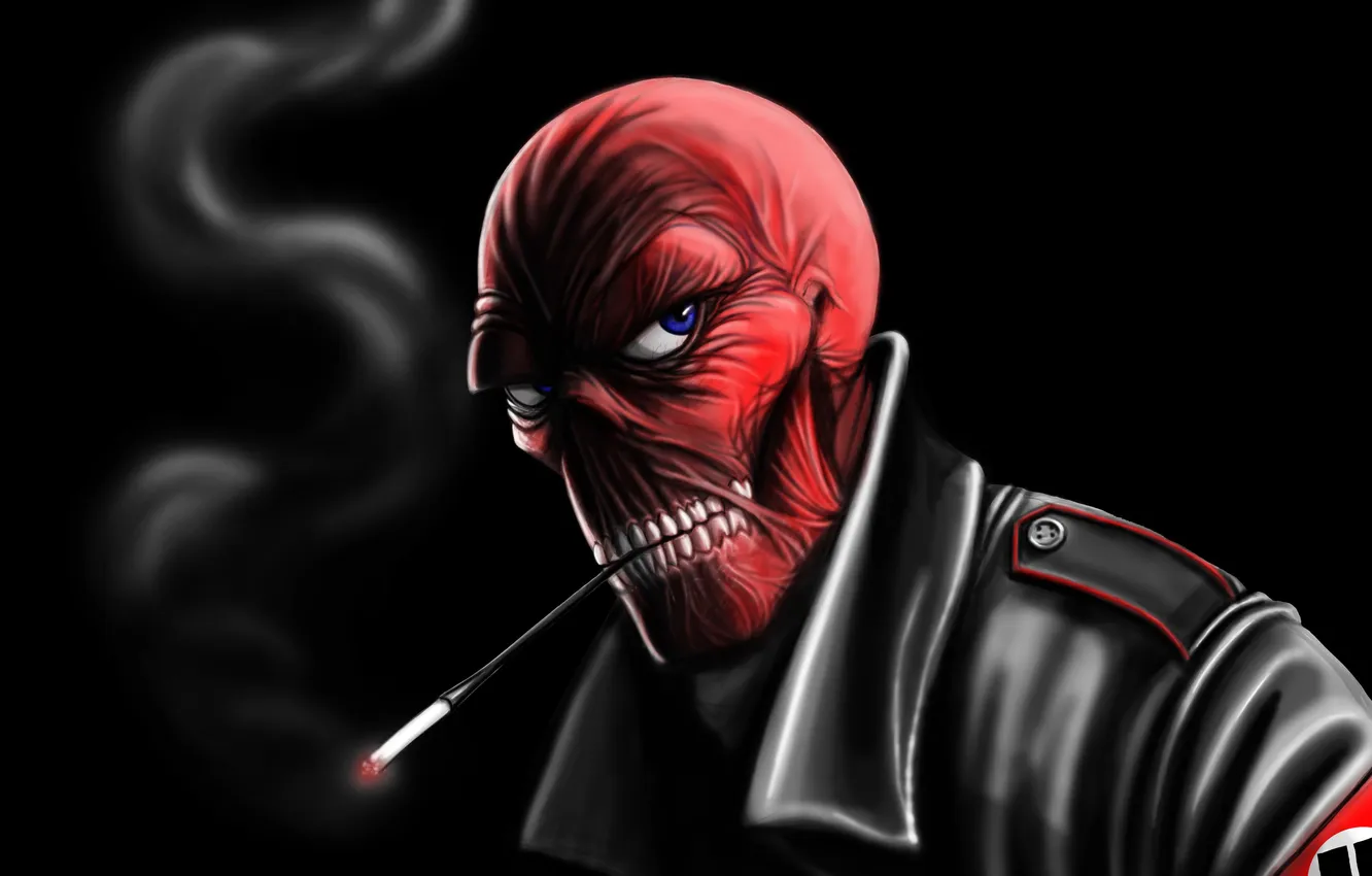 Photo wallpaper white, black, smoke, smile, blue eyes, Marvel, fear, Red Skull