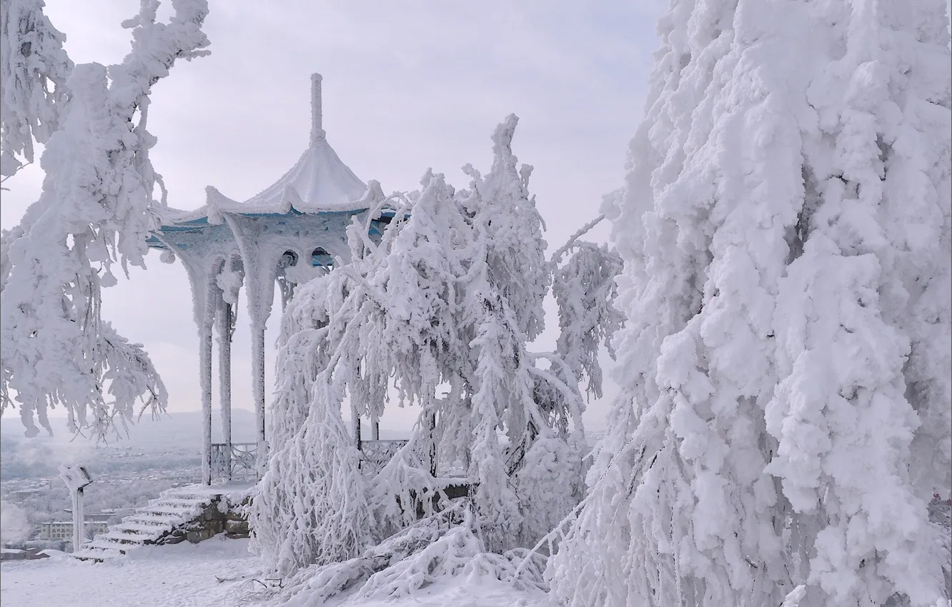 Photo wallpaper winter, snow, Pyatigorsk, Chinese pavilion
