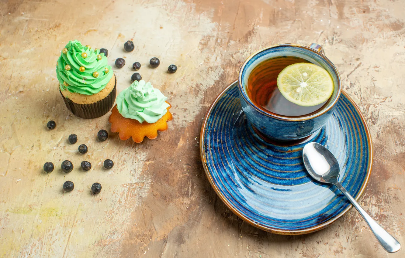 Photo wallpaper tea, Cup, cupcakes, cream, cake