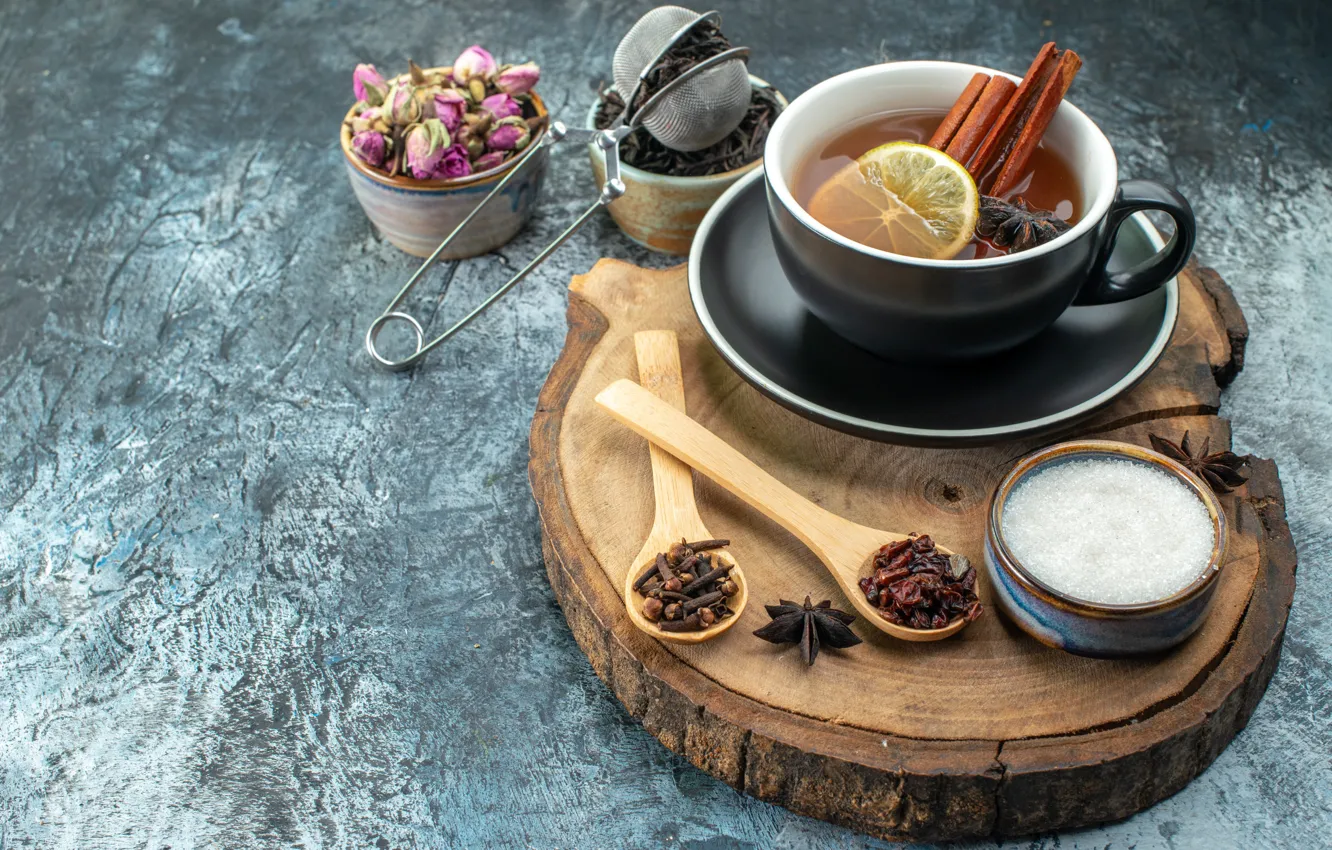 Photo wallpaper table, lemon, tea, spoon, mug, Cup, sugar, bowl