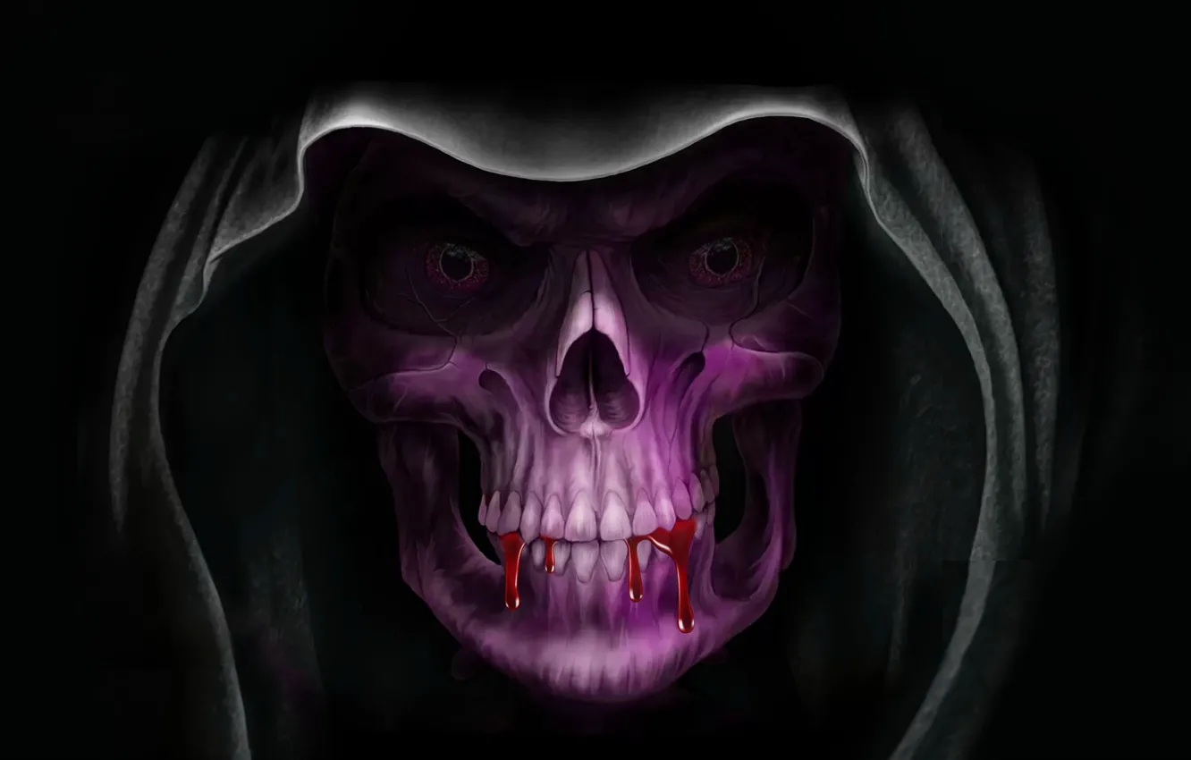 Photo wallpaper Look, Skull, Blood, Death, Hood, Black background, Terrible, The Grim Reaper