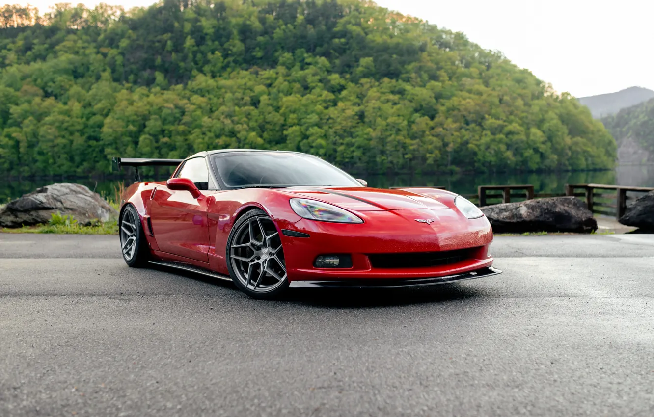 Photo wallpaper Chevrolet, red, forest, Chevrolet Corvette, mountain, Sportcar, Corvette C6
