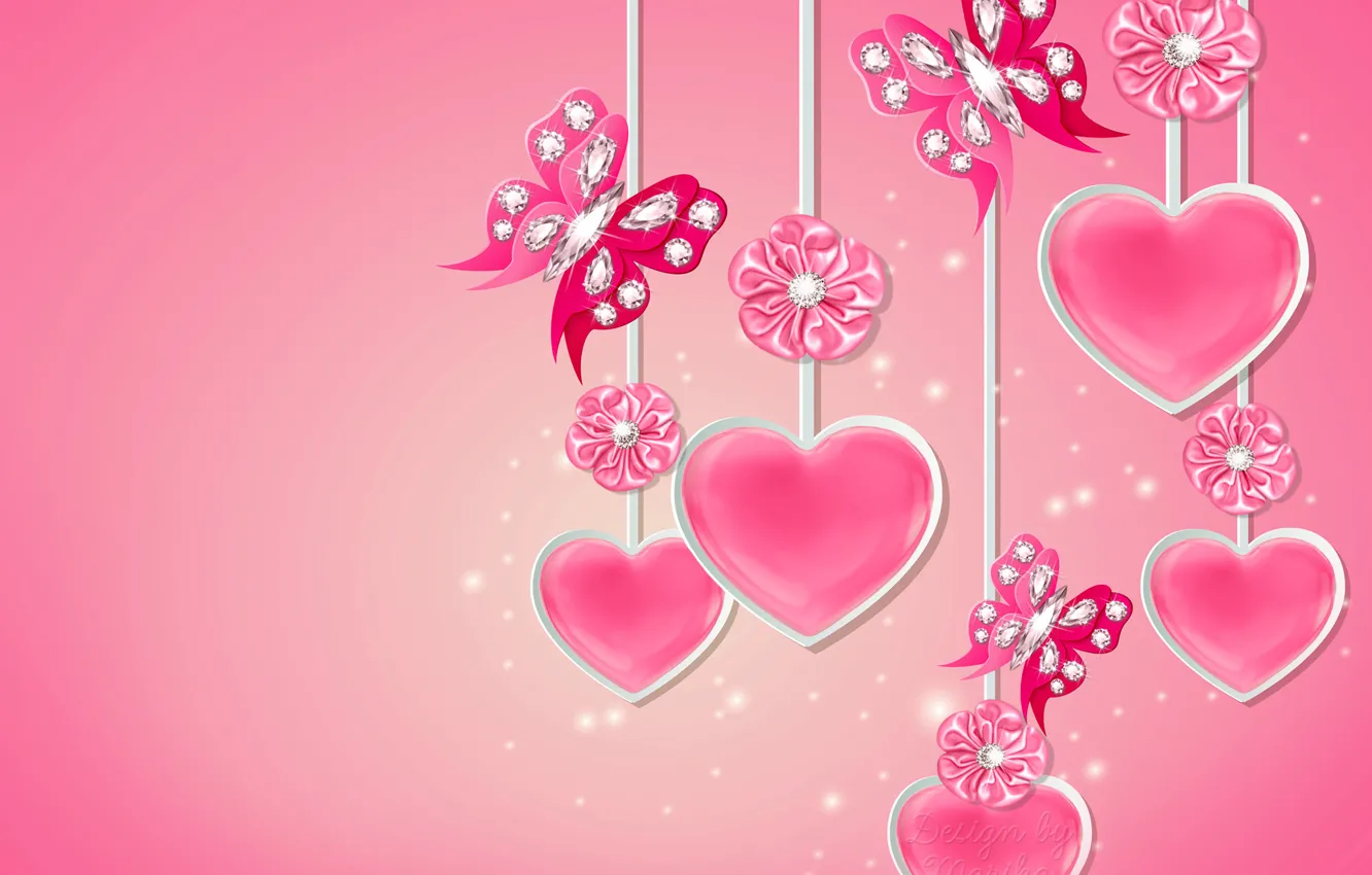 Photo wallpaper butterfly, heart, diamonds, love, bow, heart, pink, romantic