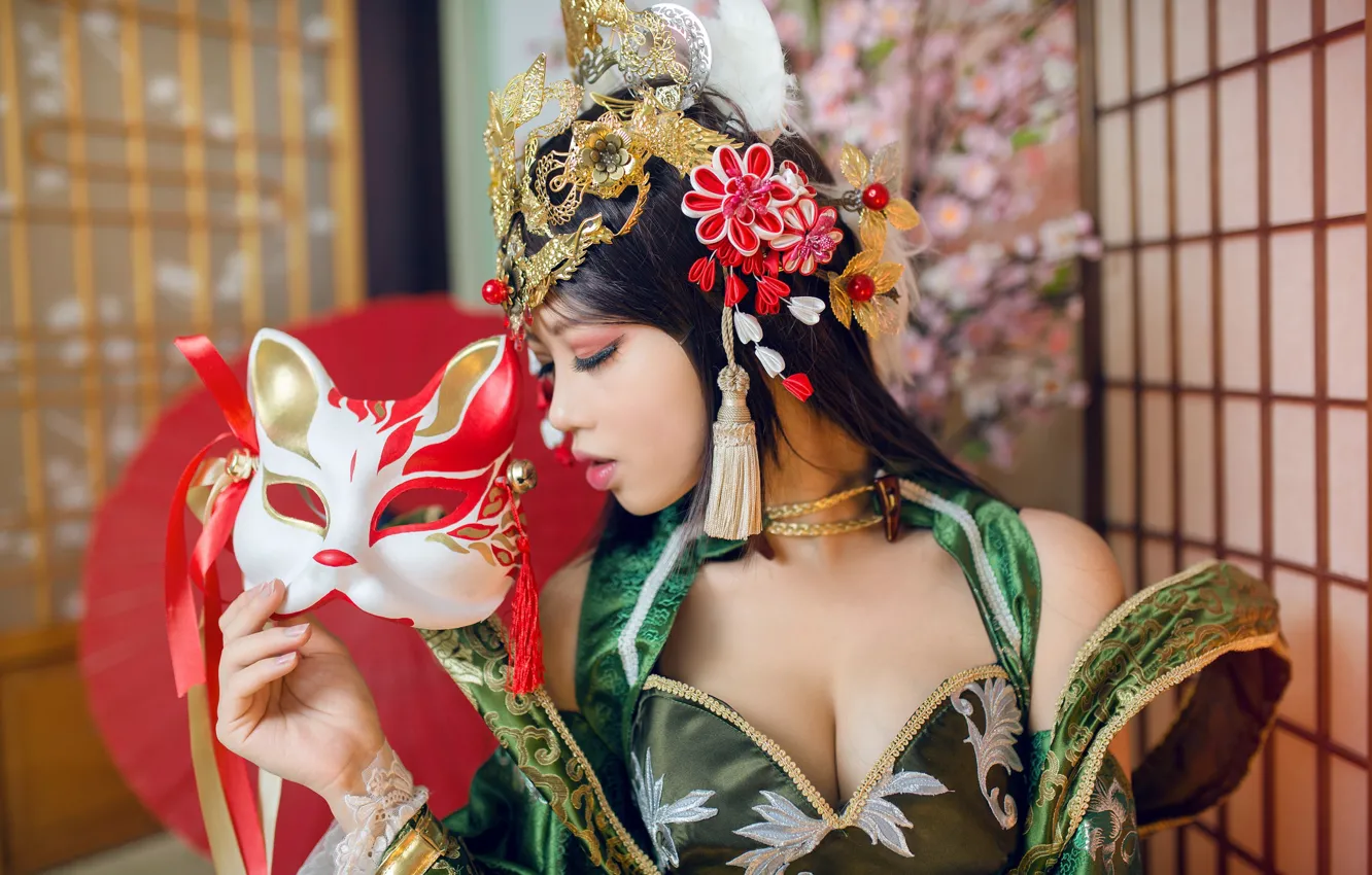 Photo wallpaper cat, chest, girl, decoration, red, face, pose, green