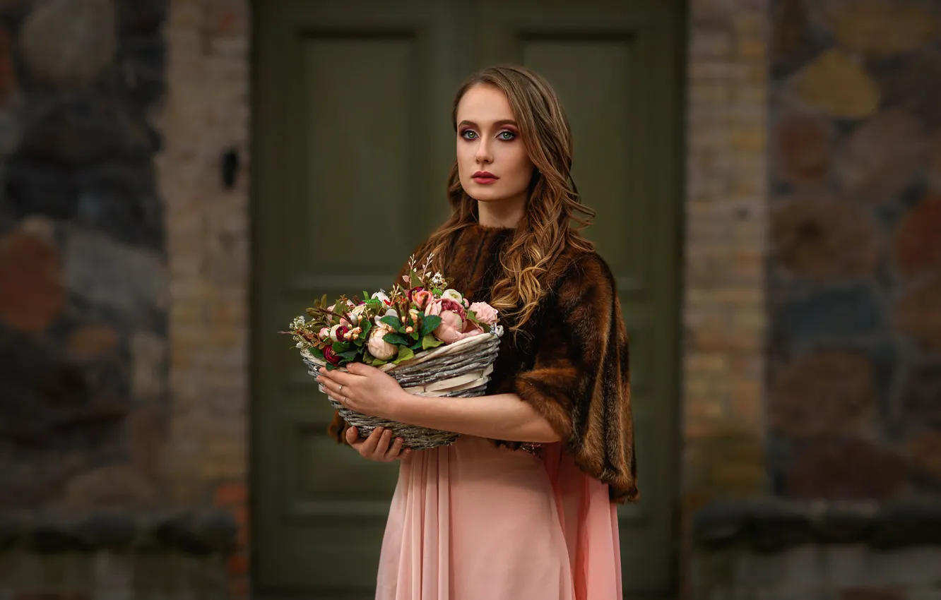 Photo wallpaper girl, flowers, pose, basket, Olga, bokeh, Dmitry Medved