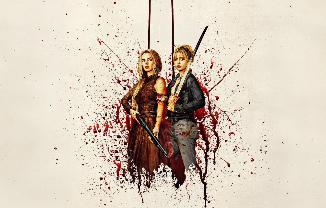Photo wallpaper background, blood, two, sword, shotgun, Thriller, Comedy, Kathryn Newton