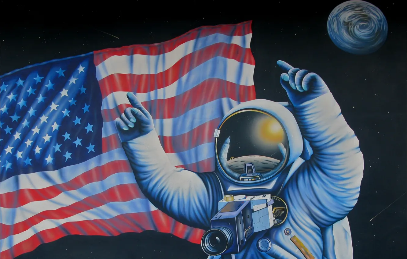 Photo wallpaper space, figure, picture, NASA, astronaut, USA flag