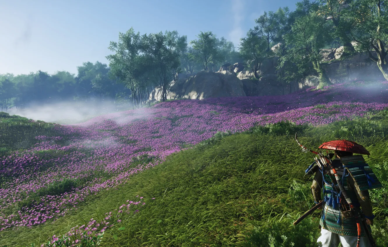 Photo wallpaper nature, the game, game, field of flowers, nature, tree, field flowers, The Ghost Of Tsushima