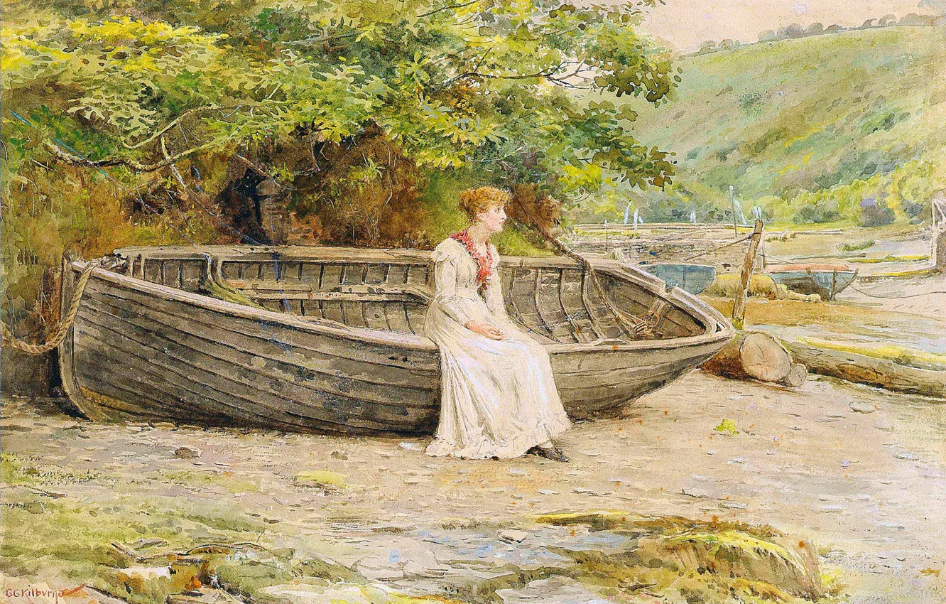 Photo wallpaper Girl, Boat, Picture, Sitting, English painter, George Goodwin Kilburn, George Goodwin Kilburne, Awaiting the return …