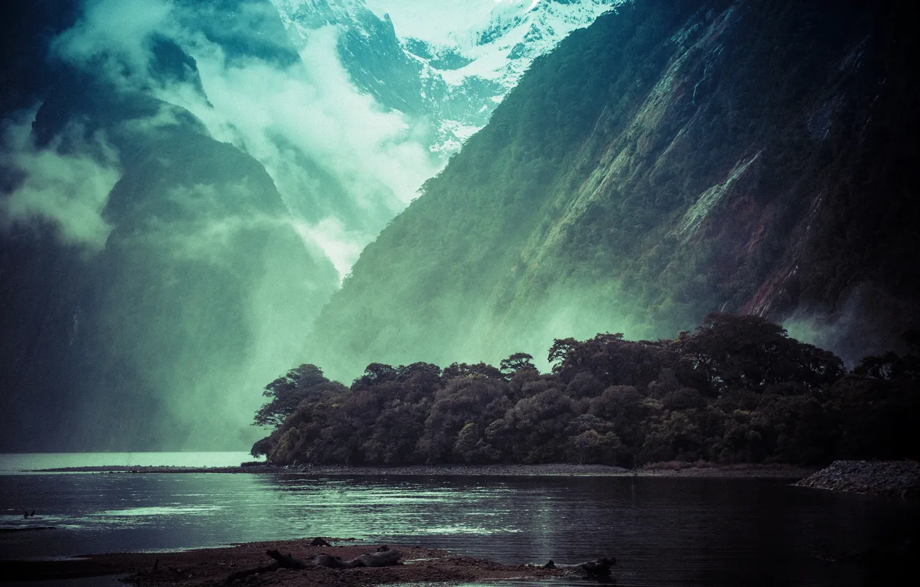 Photo wallpaper clouds, trees, mountains, lake, waterfall