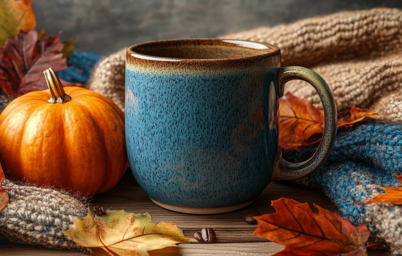 Photo wallpaper autumn, comfort, table, coffee, mug, Cup, pumpkin, plaid