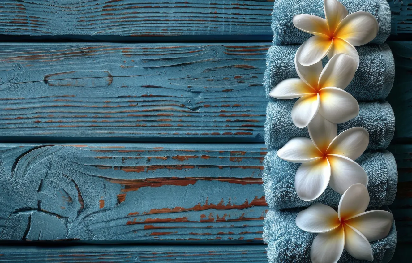 Photo wallpaper flowers, Board, towel, plumeria, AI art, neural network