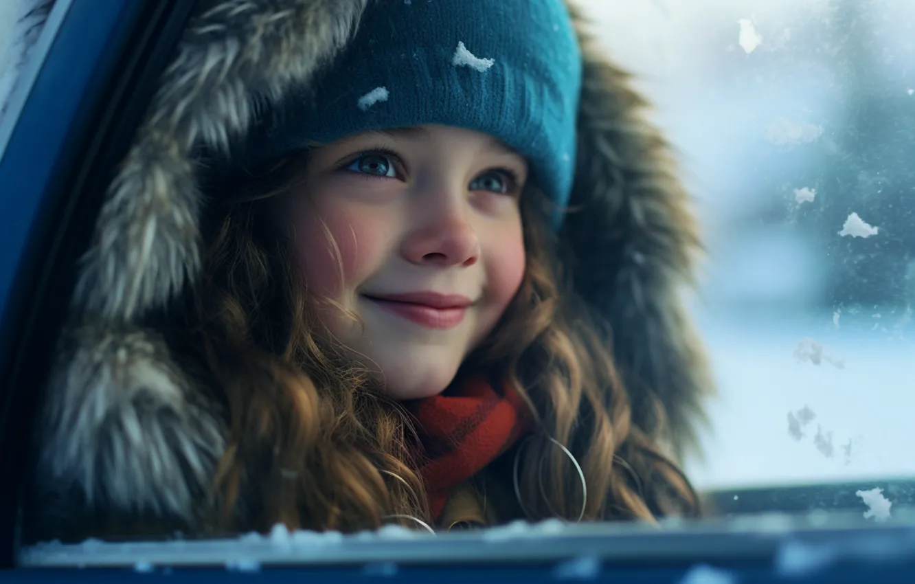 Photo wallpaper winter, machine, look, glass, snow, face, smile, hat