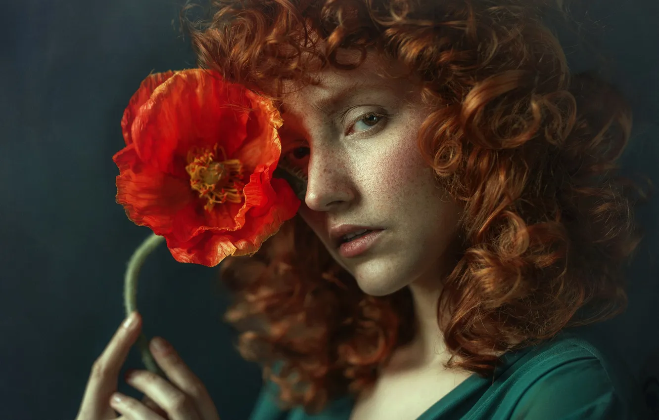 Photo wallpaper flower, look, girl, face, background, mood, portrait, freckles