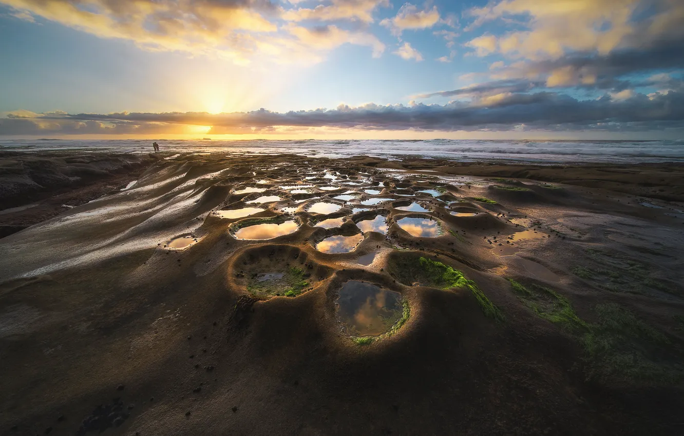 Photo wallpaper sea, wave, the sky, water, the sun, clouds, light, shore