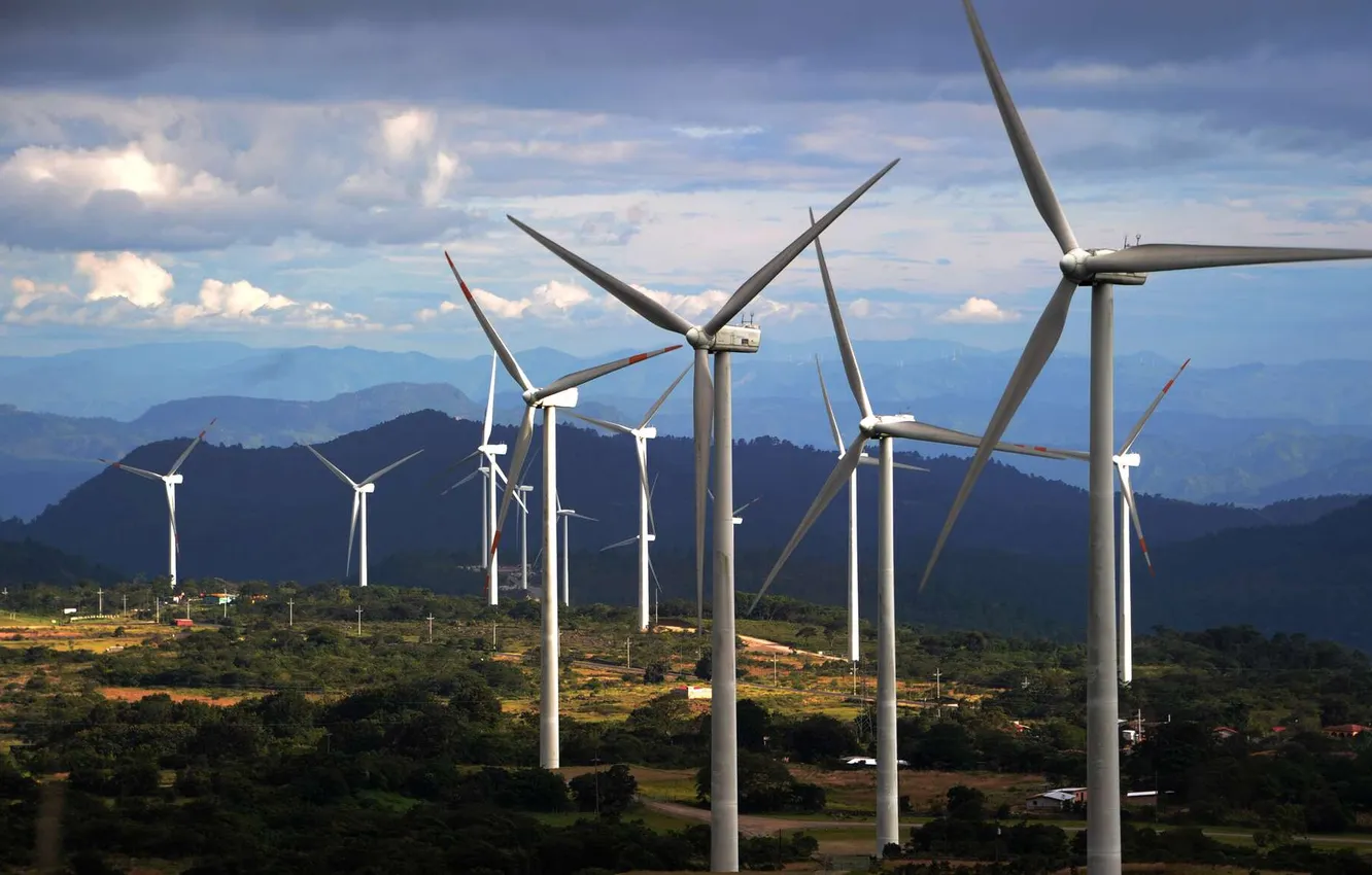 Photo wallpaper the sky, clouds, trees, landscape, mountains, plant, horizon, sky