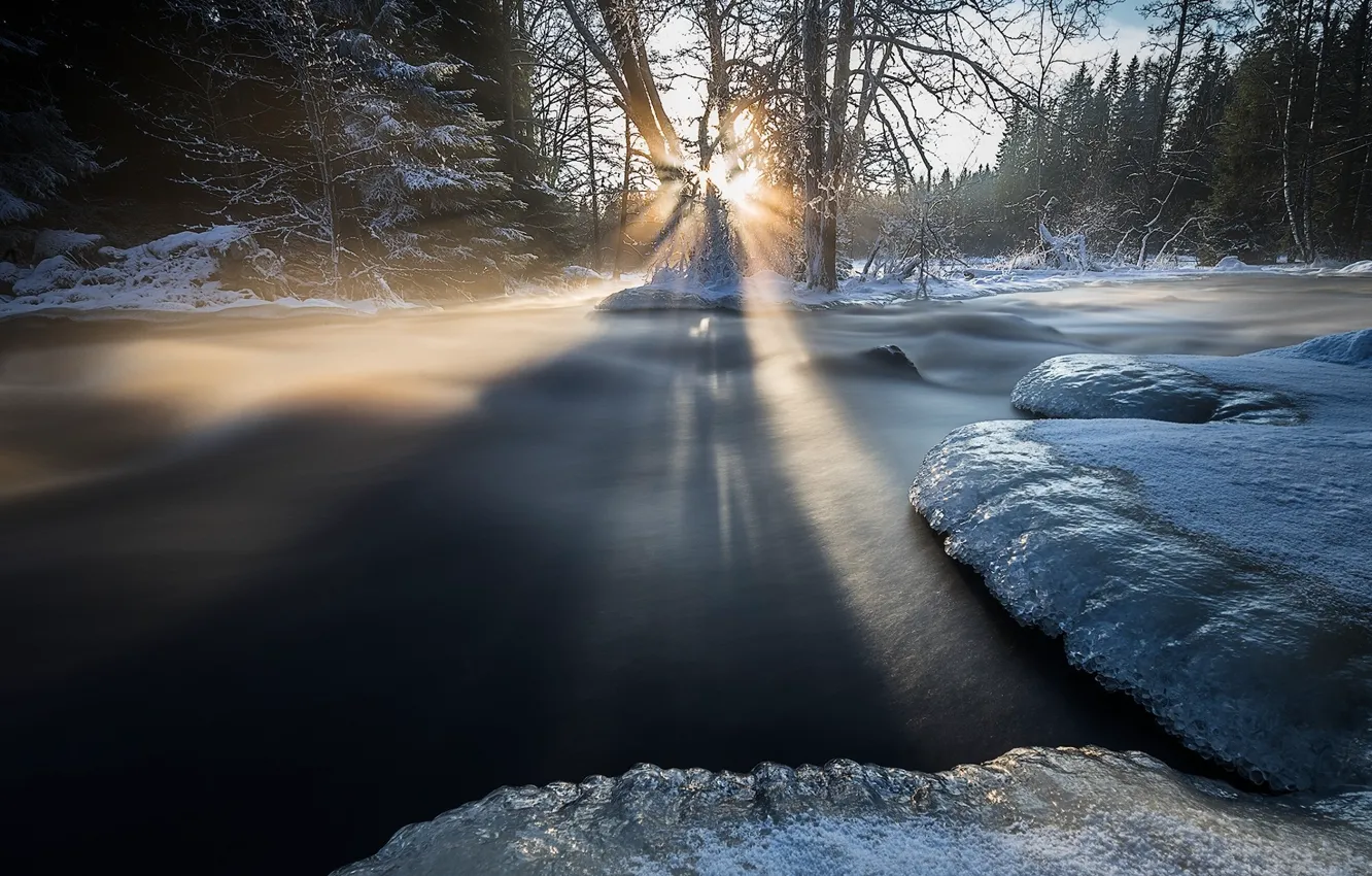 Photo wallpaper ice, winter, the sun, nature, river