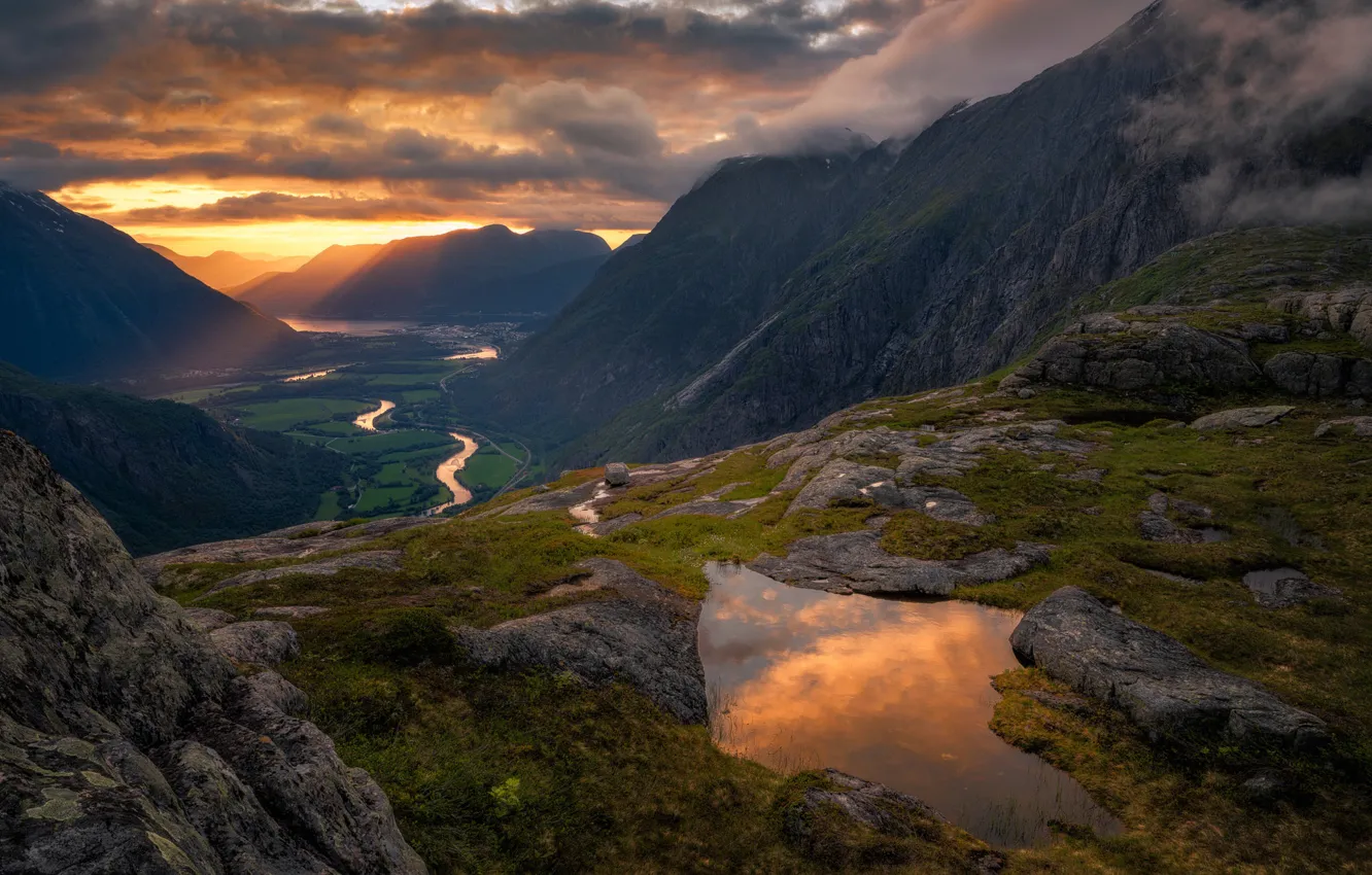 Photo wallpaper sunset, mountains, river, the evening, Norway, Norway, Romsdalen, Ole Henrik Skjelstad
