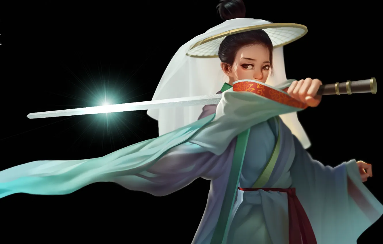 Photo wallpaper girl, sword, fantasy, weapon, katana, samurai, digital art, artwork