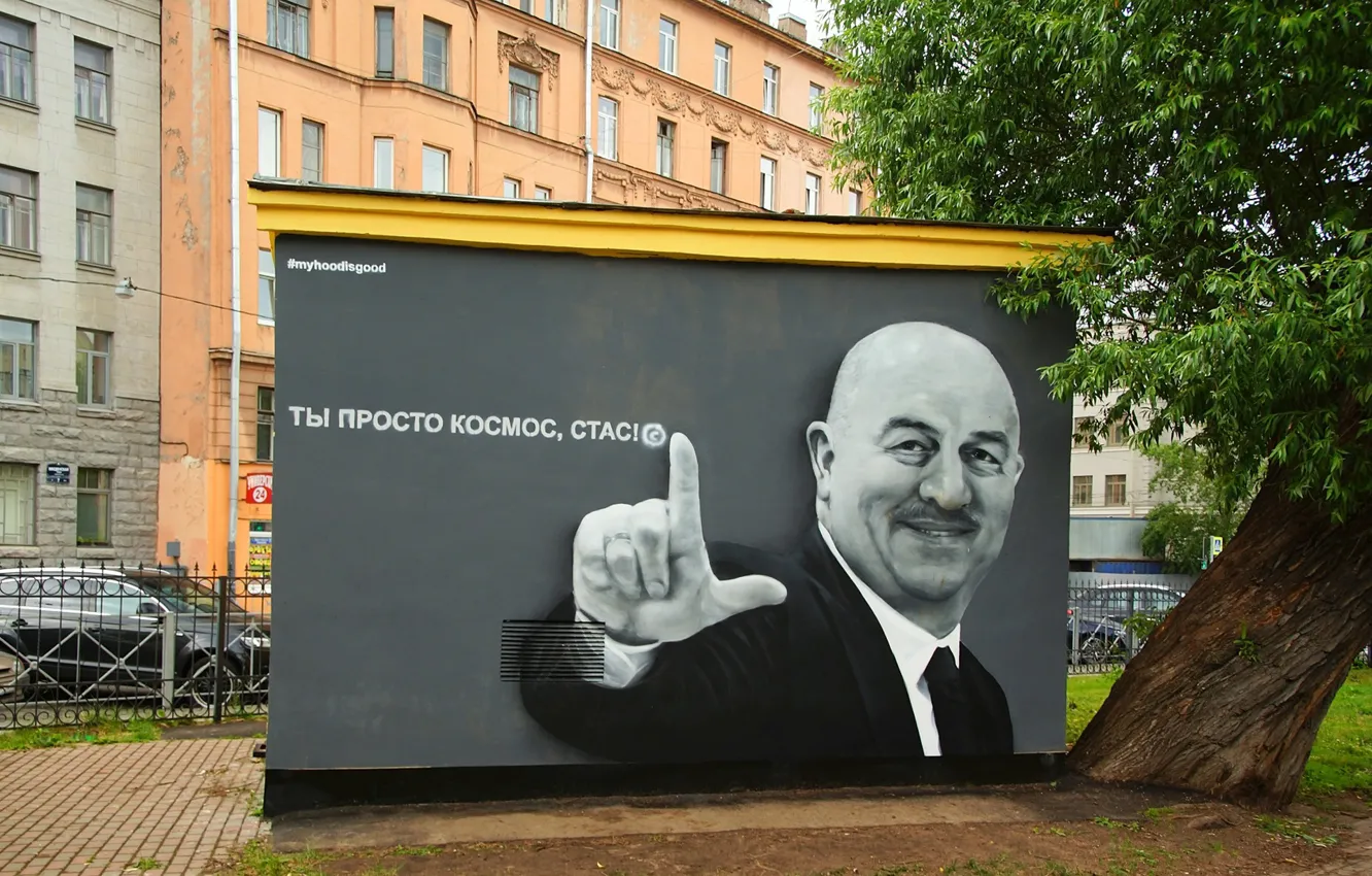 Photo wallpaper tree, graffiti, yard, Saint Petersburg, Russia, coach, Stanislav Cherchesov