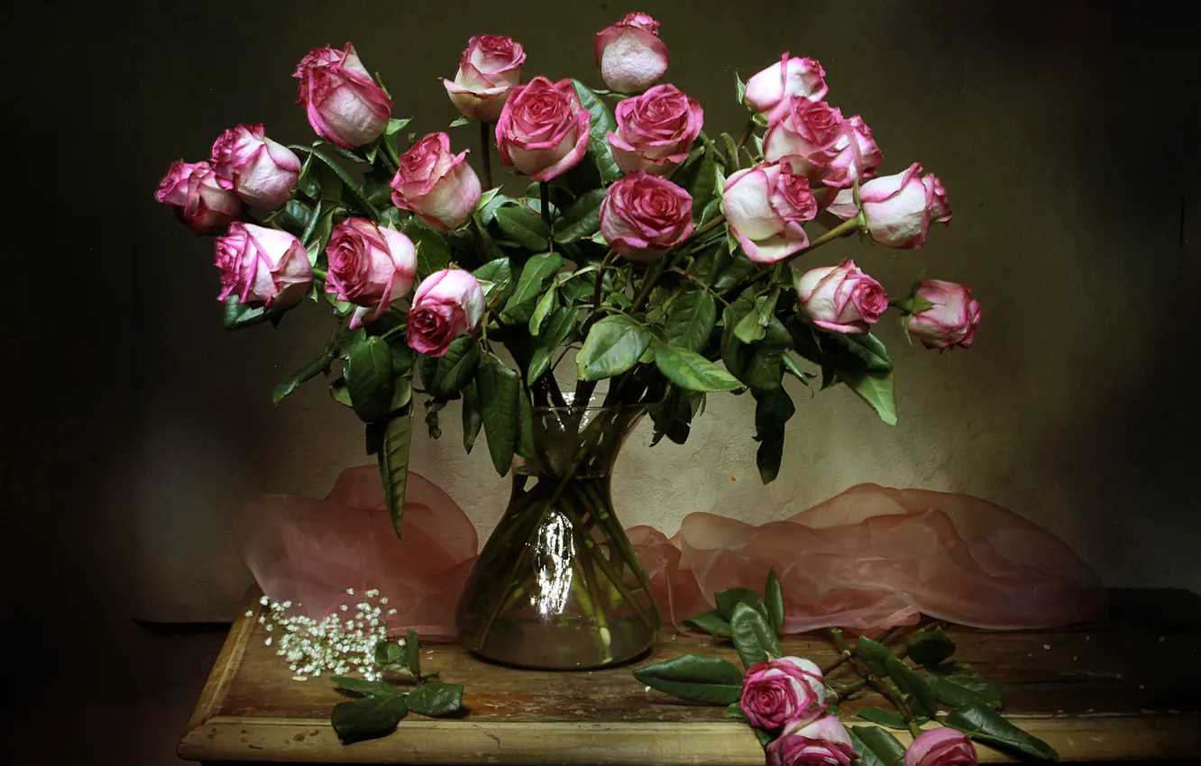 Photo wallpaper flowers, table, roses, vase, still life, tulle
