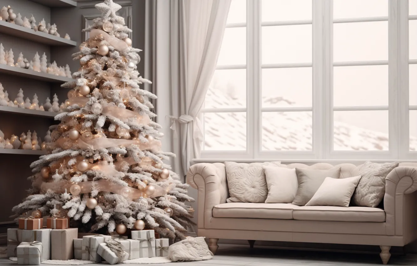 Photo wallpaper decoration, room, sofa, gift, balls, tree, new year, home