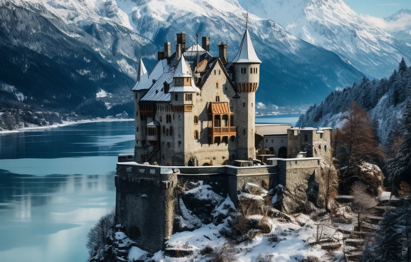 Photo wallpaper winter, snow, mountains, castle, river, winter, castle, snowy