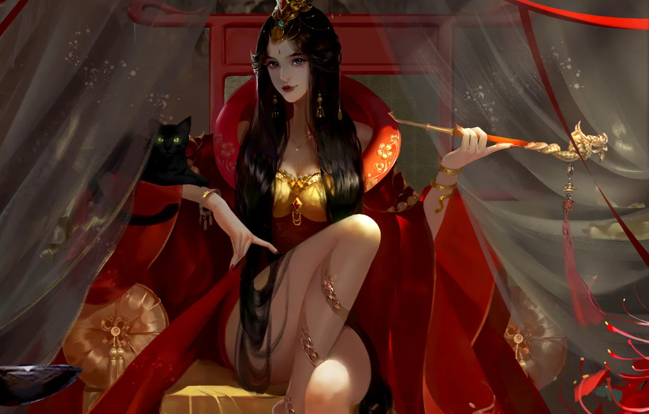 Photo wallpaper cat, girl, red, style, Asia, tube, dress, art