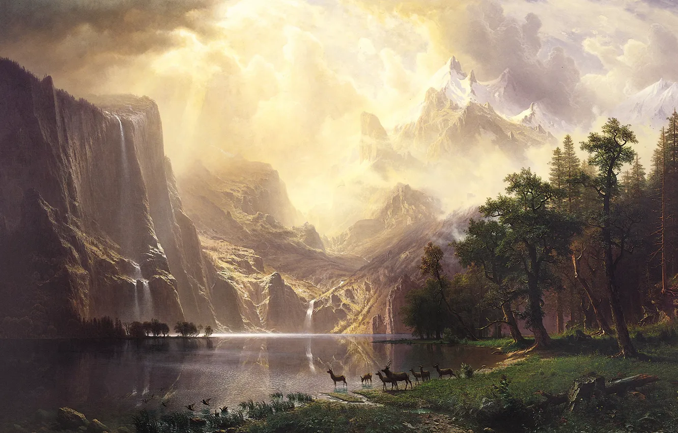 Photo wallpaper landscape, nature, art, Albert Bierstadt, Albert Bierstadt, Among the Sierra Nevada Mountains-California