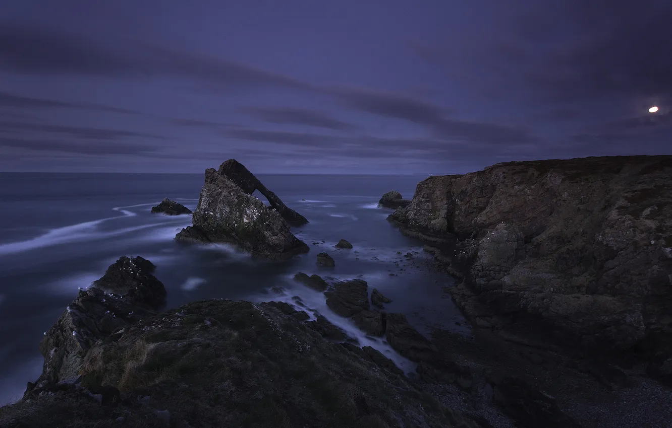 Photo wallpaper sea, night, rocks, Scotland, the full moon