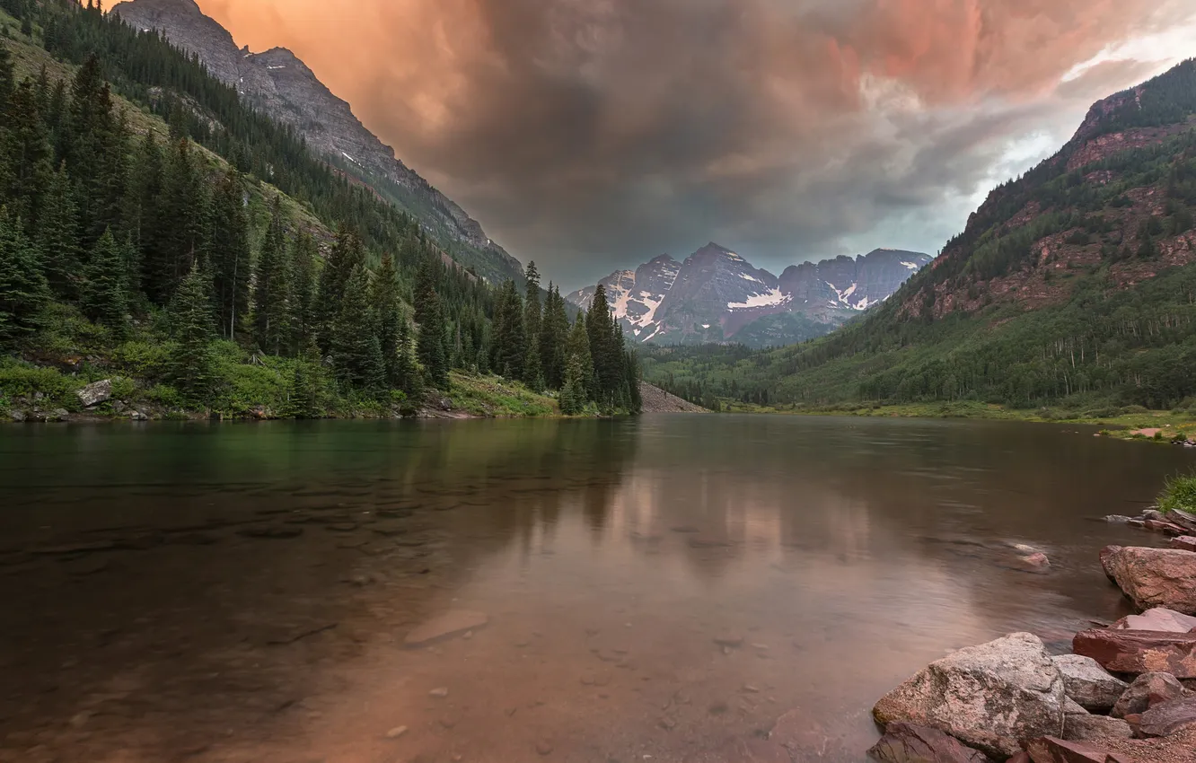 Photo wallpaper forest, mountains, clouds, lake, Colorado, USA