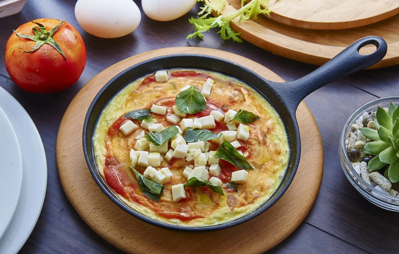 Photo wallpaper eggs, Breakfast, cheese, tomato, Basil, omelette