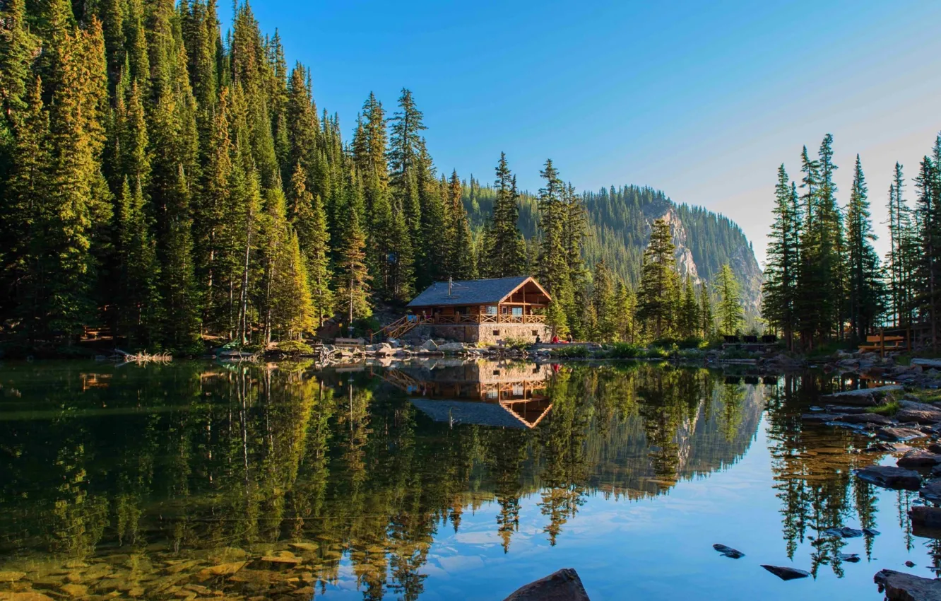 Photo wallpaper forest, summer, mountains, nature, house, reflection, river
